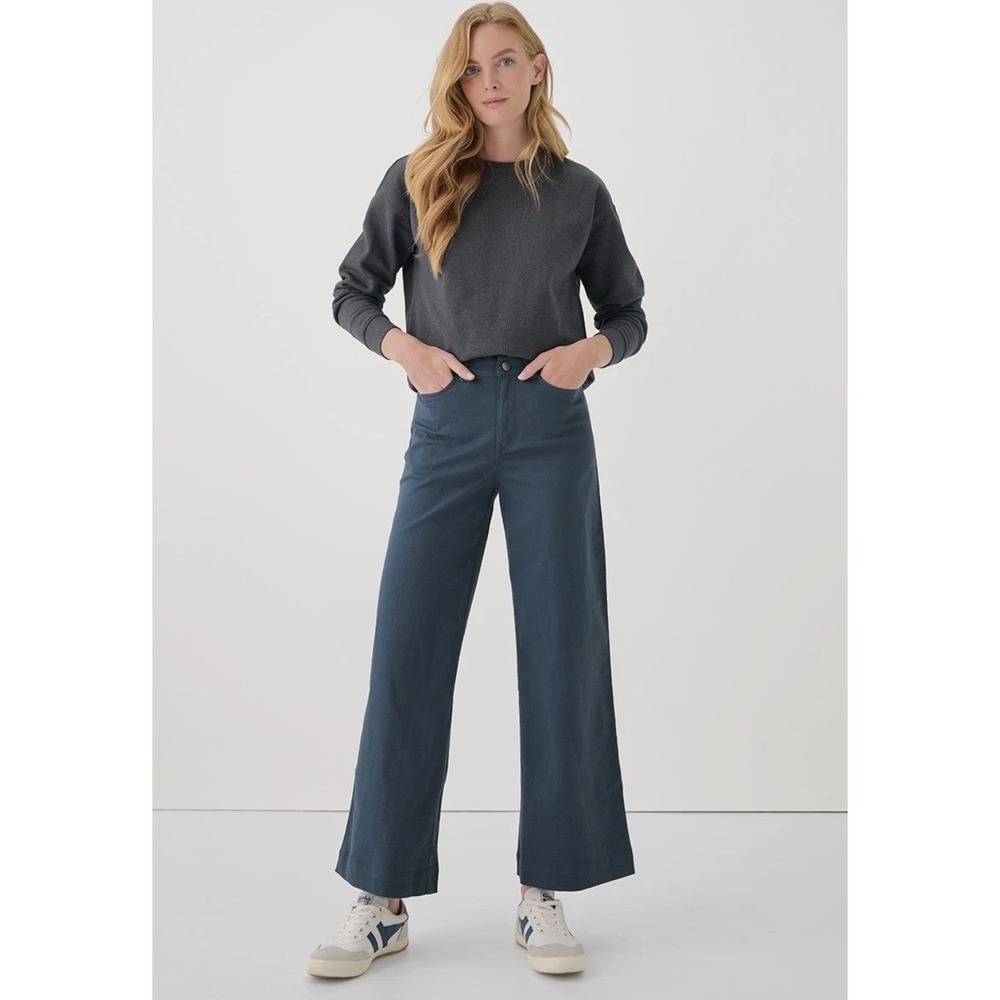 NWT Pact Organic Stretch Twill Wide Leg Pants Women L Slate Blue Casual Office